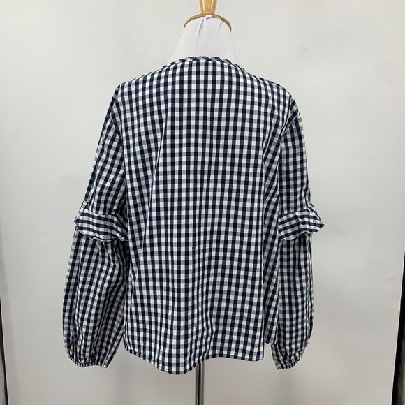 Splendid Blouse Womens L Large Navy Gingham Check Ruffled Sleeve Tassel Tie Top - Picture 7 of 13